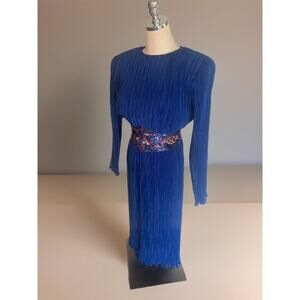 Vintage 80s Nuit Pleated Blue Beaded Dress-Excellent Size Small Sequin Belt